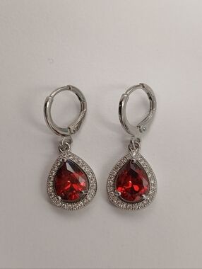 NEW! White Gold Plated Drop Earrings with Red Teardrop Stones By Pretty Bird